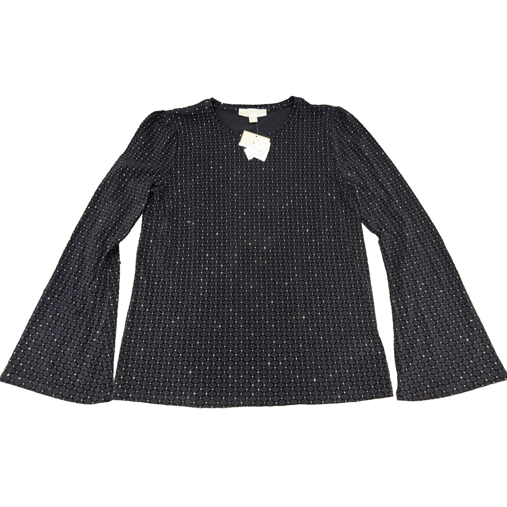 NWT Michael Kors Black Gold Metallic Knit Top Medium Dressy Long Sleeve